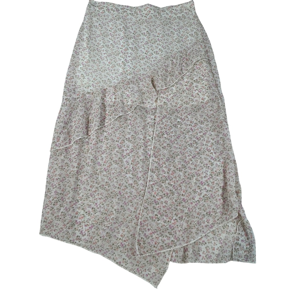 Altar'd State Floral Asymmetrical‎ Ruffle Midi Skirt Pink Small Cottagecore Boho
